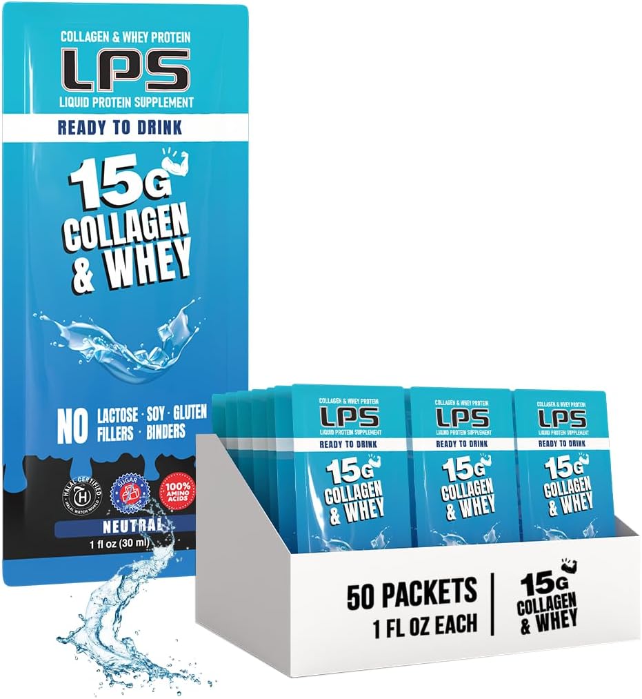 LPS Flydende Collagen & Whey Protein Supplement - Non- GMO drikke, sukkerfri - fremmer sund hud & hår til mænd og kvinder, Neutral, Single Serve (50 pakker)