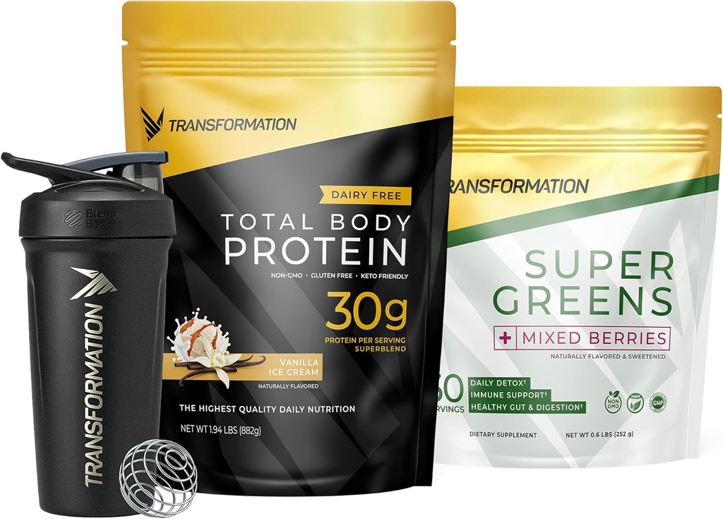 Transformation Vanilla Protein Powder, Super Greens Superfood Green Juice Powder og ydeevne Isoleret Shaker Flaske