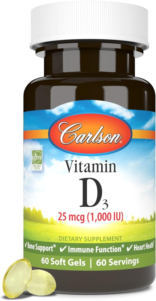 Carlson - D3- vitamin, 1000 IE (25 mcg), Knoglesundhed, muskelsundhed, Cholecalciferol, D- vitamintilskud, D3- vitamin Soft Gels, 60 Softgels