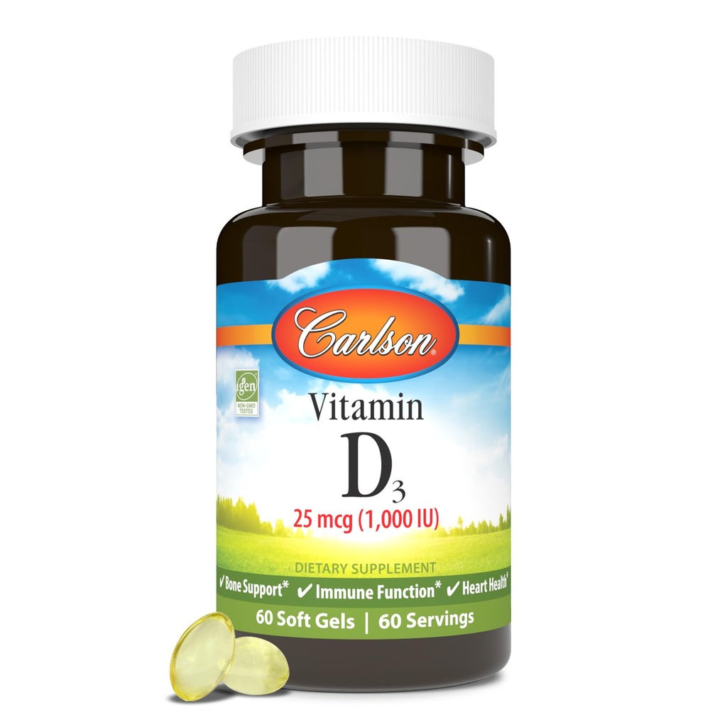 Carlson - D3- vitamin, 1000 IE (25 mcg), Knoglesundhed, muskelsundhed, Cholecalciferol, D- vitamintilskud, D3- vitamin Soft Gels, 60 Softgels
