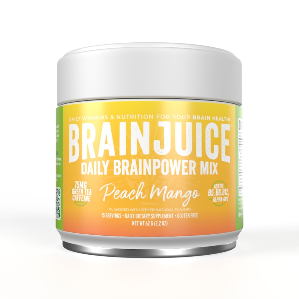 BrainJuice Nootropics Brain Support, Gluten Free Powder for Energy and Focus, Drink Mix med L Theanine, Alpha GPC, Vitamin B, Organic Green Tea Extract Koffein, Peach Mango, 15 Servere