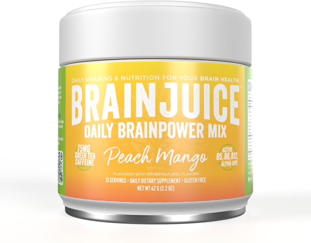 BrainJuice Nootropics Brain Support, Gluten Free Powder for Energy and Focus, Drink Mix med L Theanine, Alpha GPC, Vitamin B, Organic Green Tea Extract Koffein, Peach Mango, 15 Servere