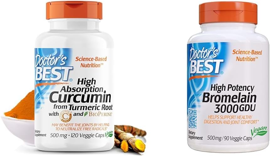 Doctor 's Best DRB- 00107 High Absorption Curcumin fra gurkemeje med C3 Complex & BioPerine 500mg & 3000 GDU Bromelain Proteolytiske fordøjelsesenzymer Kosttilskud, understøtter sund fordøjelse