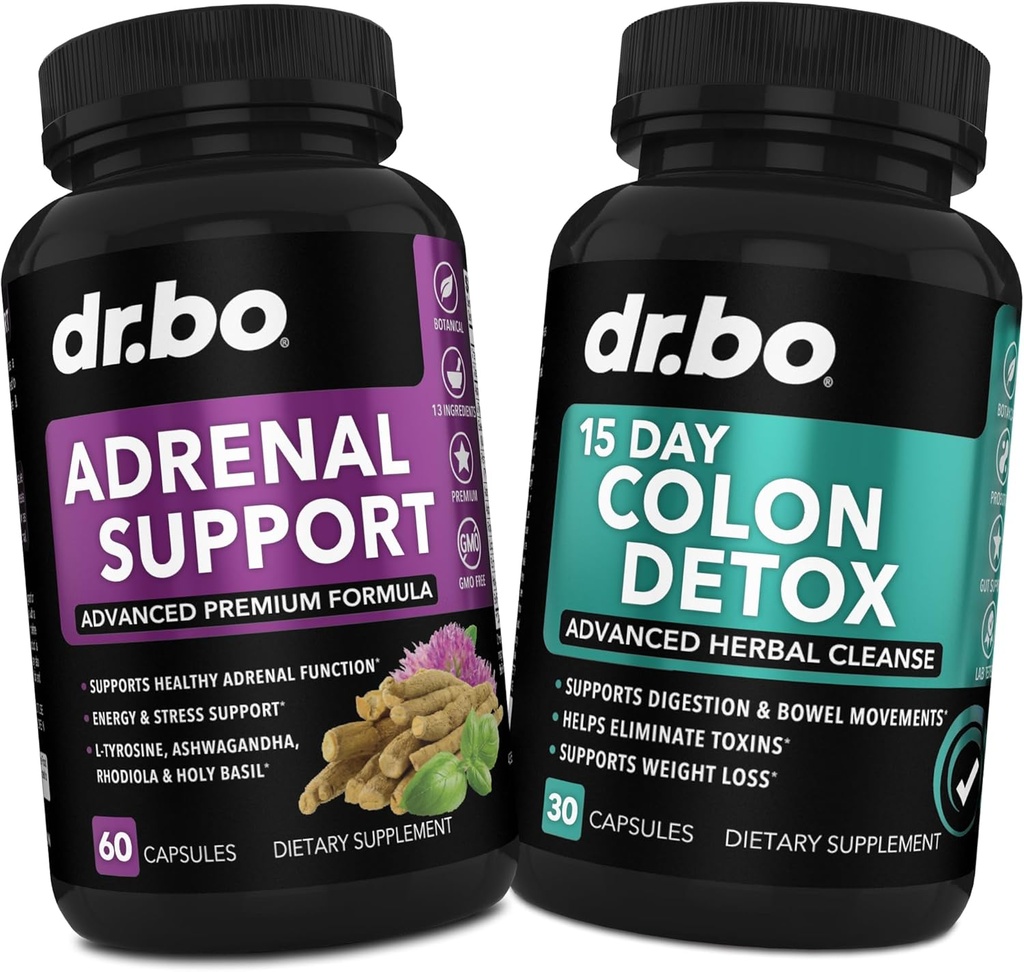 DR. BO Adrenal Support & Colon Cleanse Kosttilskud - Adrenal Træthed Supplement med Ashwagandha & L Tyrosine - 15 dages Intestinal Cleanse Pills til afføring Support & Gut Mave Cleansing