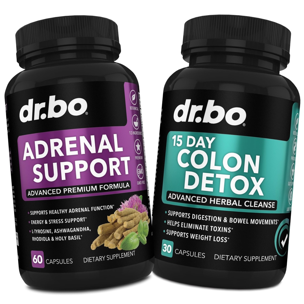 DR. BO Adrenal Support & Colon Cleanse Kosttilskud - Adrenal Træthed Supplement med Ashwagandha & L Tyrosine - 15 dages Intestinal Cleanse Pills til afføring Support & Gut Mave Cleansing
