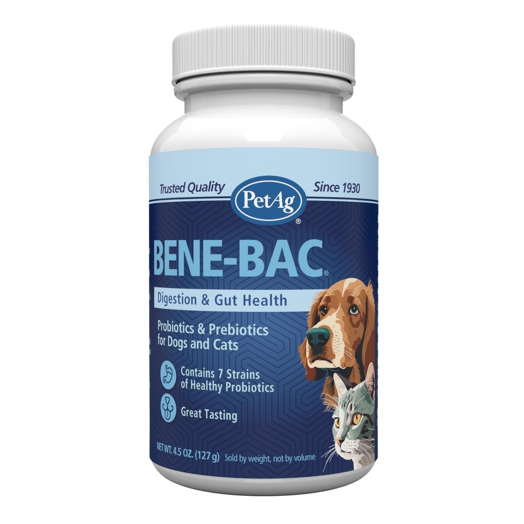 PetAg Bene- Bac - 4.5 oz pulver - FOS & Probiotika til hunde, Katte, Exotic & Wildlife Mammals