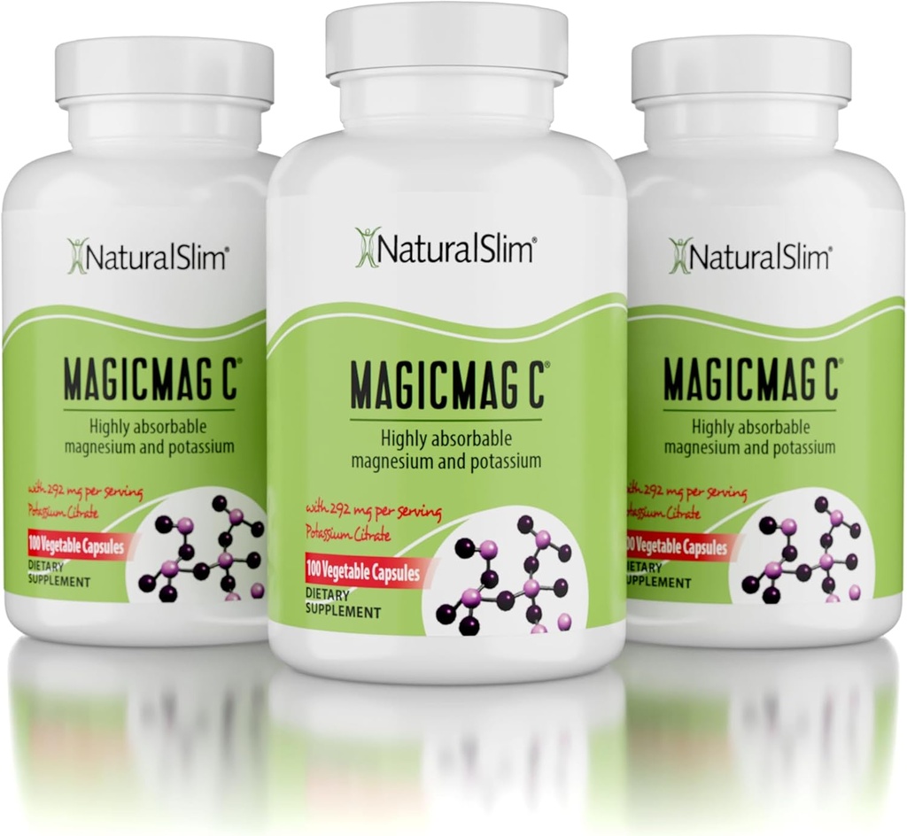 MagicMag C af NaturalSlim, Magnesium Citrate med Kalium til muskelafslapning, Søvnkvalitet, Nerve funktion & Elektrolyte Support, Dagligt Magnesiumtillæg for mænd og kvinder, 100 Kapsler 3pk