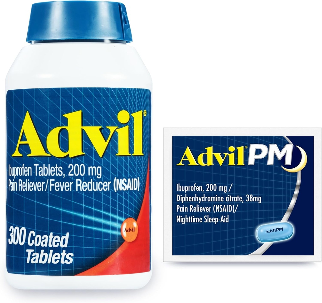 Advil Pain Reliever og Fever Reducer, Ibuprofen 200mg for Pain Relief - 300 Count, Advil PM Pain Reliever og Nighttime Sleep Aid, Ibuprofen for Pain Relief og Diphenhydramin Citrate - 2 Count