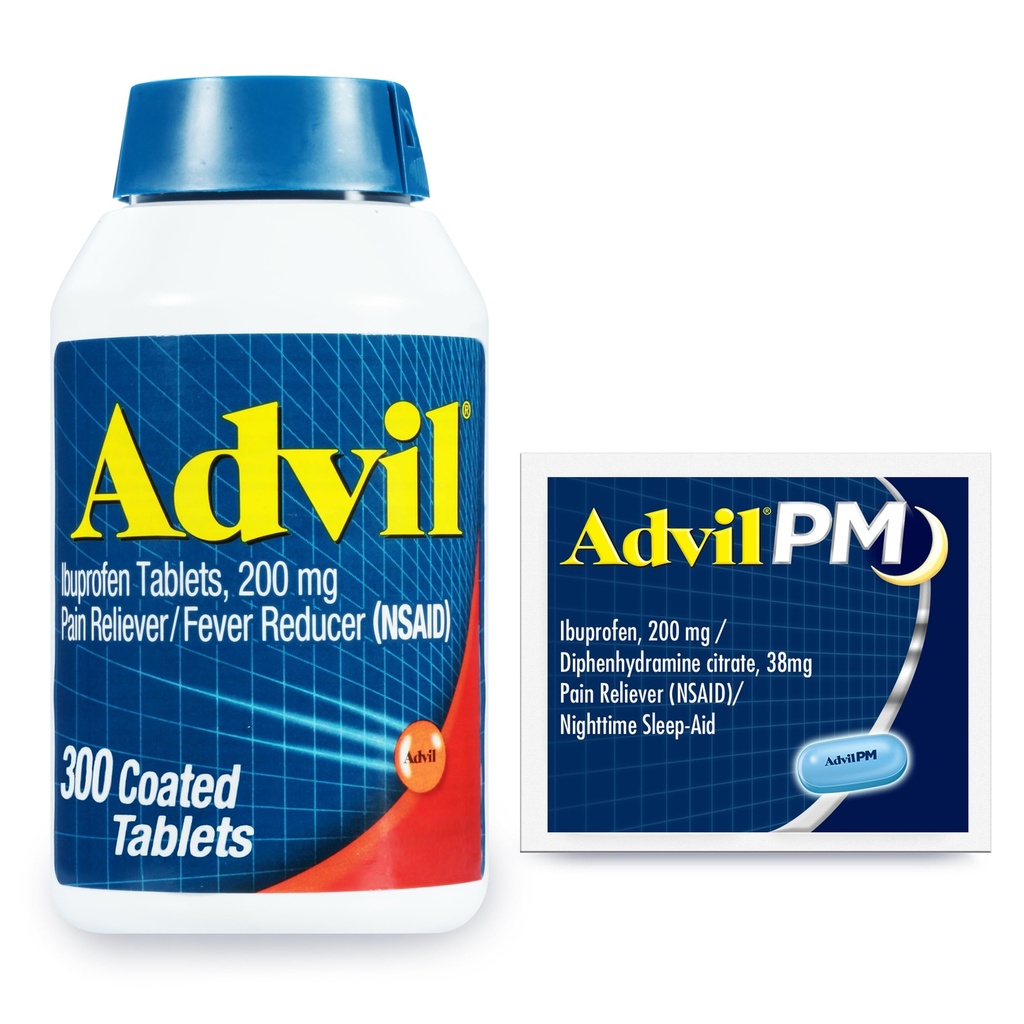 Advil Pain Reliever og Fever Reducer, Ibuprofen 200mg for Pain Relief - 300 Count, Advil PM Pain Reliever og Nighttime Sleep Aid, Ibuprofen for Pain Relief og Diphenhydramin Citrate - 2 Count