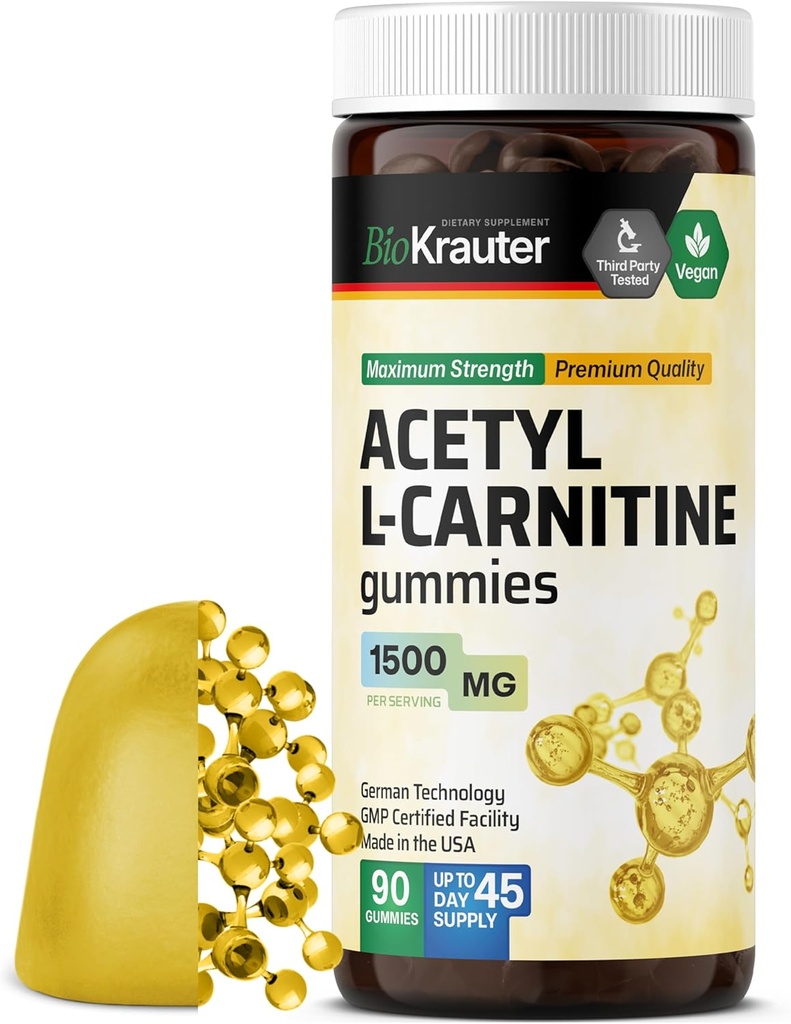 BIO KRAUTER Acetyl L Carnitin Gummies - 1500 mg Styrke - 90 Vegantyre - Aminosyreacetyl L Carnitin Supplement - Pectin- baseret, ikke- GMO