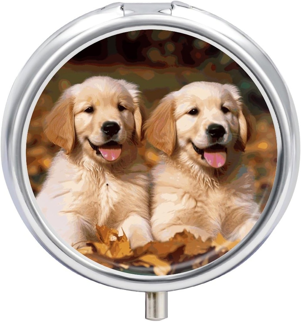 Medicine Box 3 Compartment Pill Box Cute Small Pill Box Golden Retriever Dogs Puppies Pets Printed Round Pill Box Multi Function Pill Box for Vitamins Fish Oil Supplements Pearls