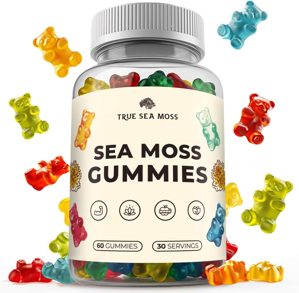 TrueSeaMoss Irish Sea Moss Gummies med Burdock Root & Bladderwrack - Vegansk Formel for voksne & Børn - Non-GMO, Gelatin- fri, Fruit Flavor - Made in USA - 60 Gummies