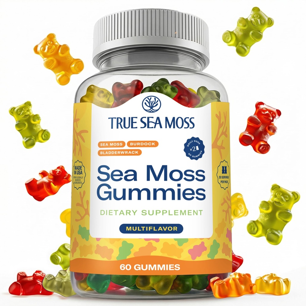 TrueSeaMoss Irish Sea Moss Gummies med Burdock Root & Bladderwrack - Vegansk Formel for voksne & Børn - Non-GMO, Gelatin- fri, Fruit Flavor - Made in USA - 60 Gummies