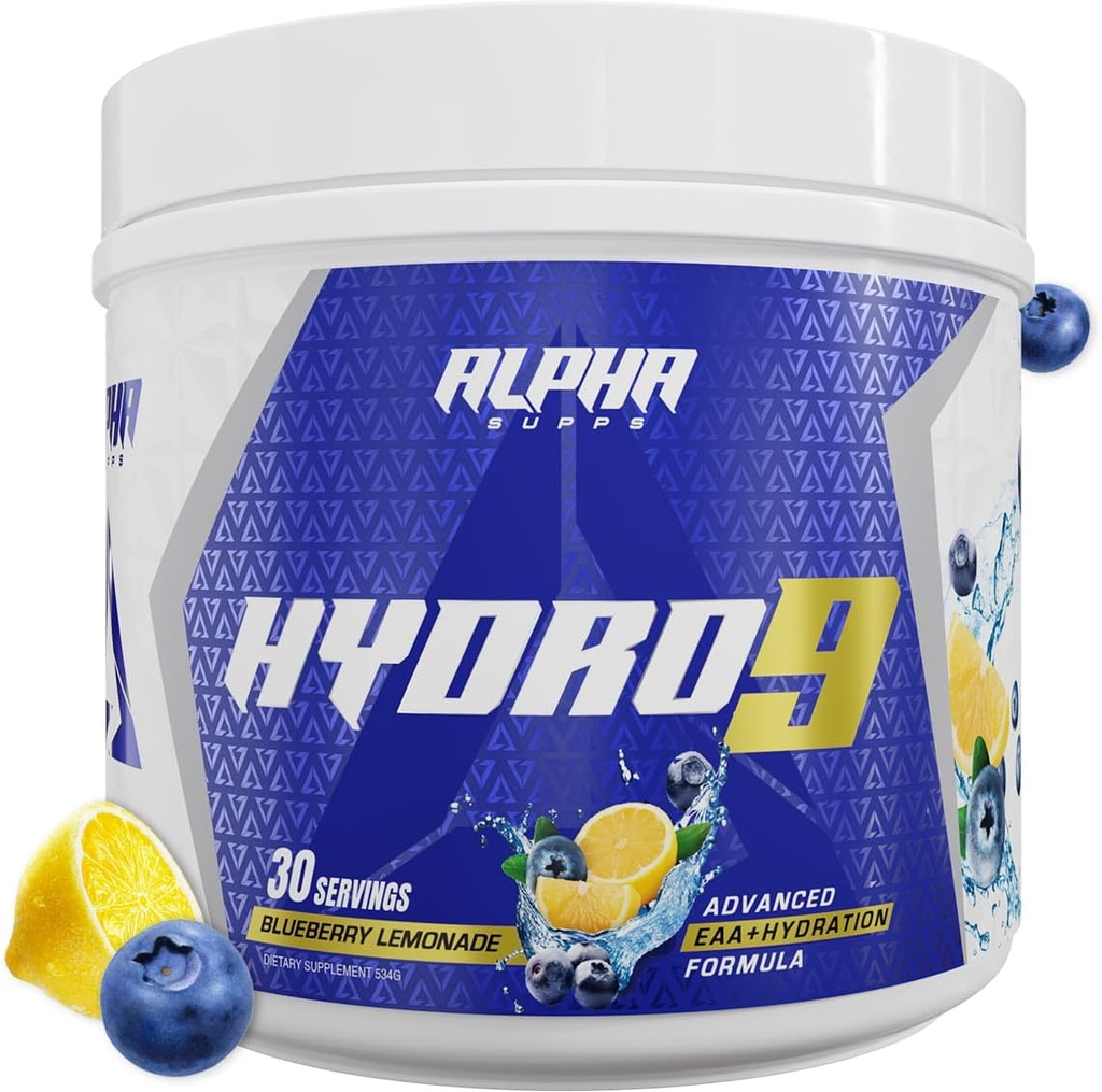 Alpha supps Hydro 9 Aminos Mea124; EAA + Hydration Formel Measures 124; Essential Aminosyrer EAAs Powder med BCAA & Electrolytes 30 Servering - Blueberry Lemonade