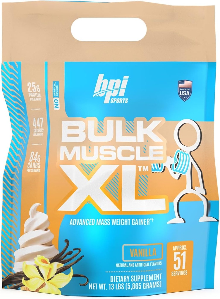 BPI Sports Bulk Muscle XL - Advanced Mass Weight Gainer for Alvorlig Muscle Building & Recovery, 25g Protein & 497 Kalorier Per Servering - Chokolade, 13lb Bag (13lb, Vanilla)