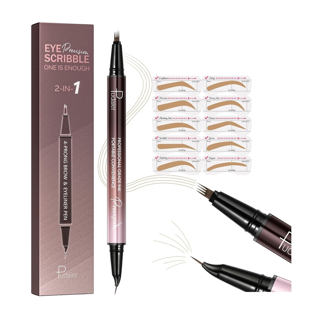 2-in-1 Curved Eyebrow Pen and Eyeliner with 10Pcs Brow Stencils, Microblading Eyebrow Pencil with 4 Fork-Tip and Curved Precise Tip, Waterproof and Long Lasting Eyebrow Pencils for Women, Light Blond