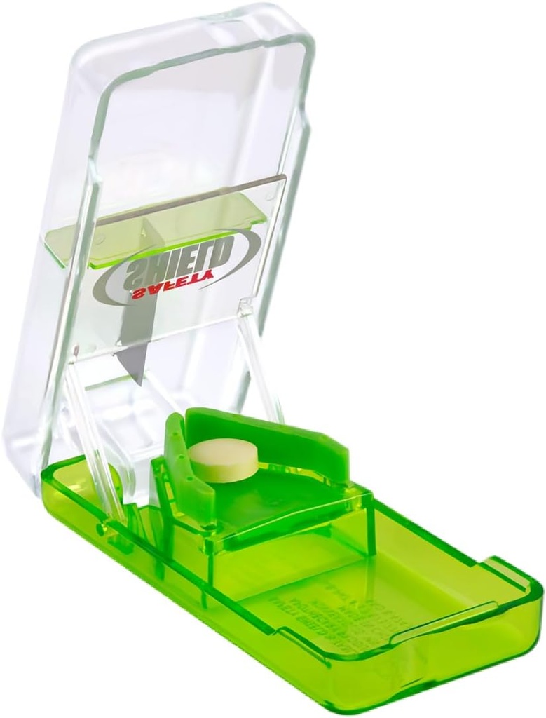 Ezy Dosis Pill Cutter og Splitter med sikkerhedsskjold, Daglig brug, Sikker Cut Pills, Vitaminer, Tablets in Half, Nøjagtig og nem skæring, Rustfrit stål Blade, Travel Sized, Color May Vary, BPA Free