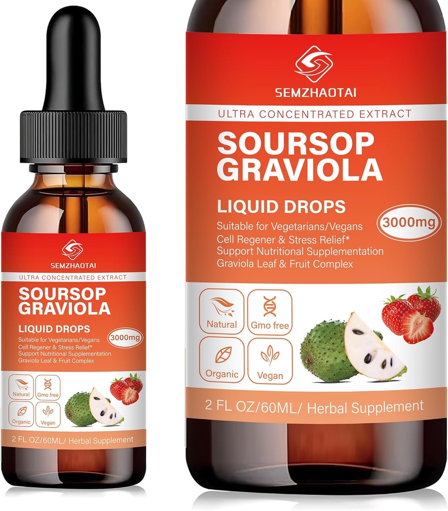 Soursop Graviola Leaf Extract & Sea Moss Liquid Drops - Cell Support, Immunity Boost, Lever Sundhed, Søvnhjælp & Antioxidanter - Pure Soursop Bitters, 2 Måned Supply, 2 Fl Oz (2oz, Strawberry)