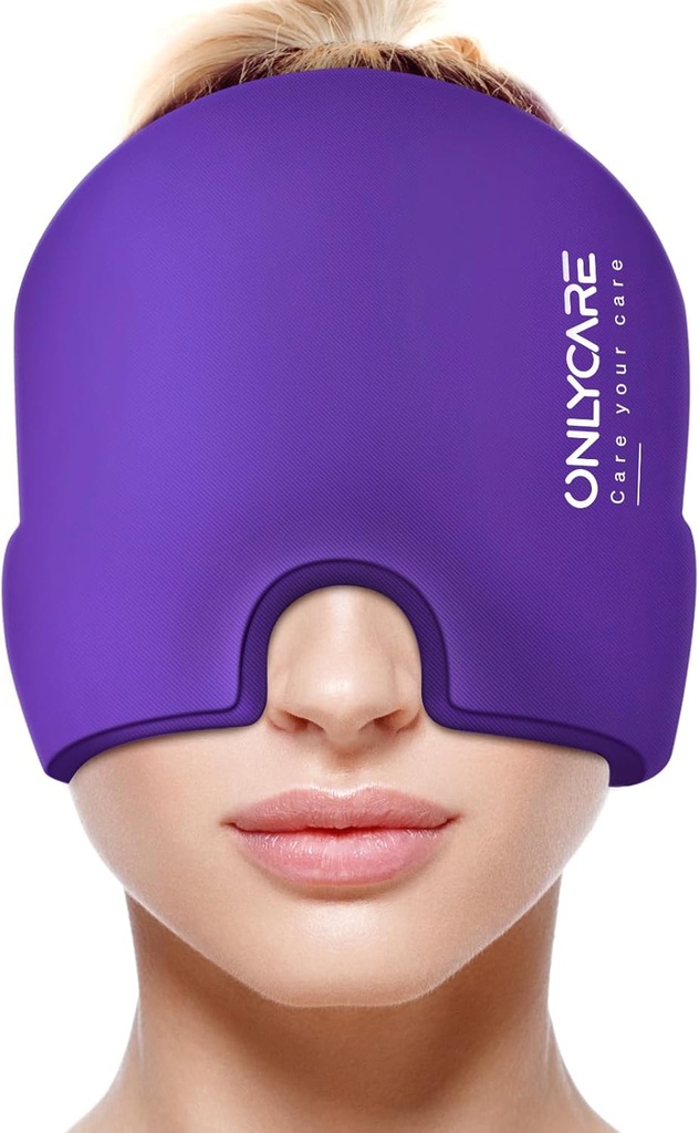 ONLYCARE Migræne Relief Cap, Lindrende Hovedpine Hat, Opgraderet Odorless Gel Ice Head Wrap, Hot and Cold Therapy, Hovedpine Ice Pack til Spænde og Stress (lilla)
