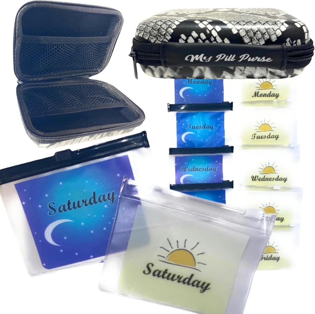 Am Pm Pill Organizer 7 dag sort / hvid Faux Snake Skin Medicine Storage Case Størrelse 5,5 X 4 X 1,75 i. Med tegnebog 14 Genanvendelige små pilleposer 3x4 i. Pill Pouches til medicin, ugedage