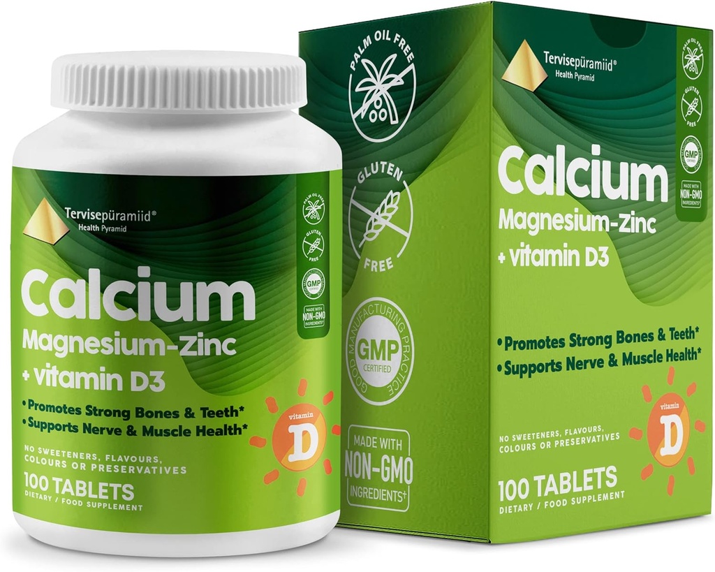Sundhed Pyramid Calcium Magnesium Zink med D3- vitamin supplement til stærke knogler og tænder Kal Mag Zink understøtter nerve og muskel sundhed 100 Vegan tabletter
