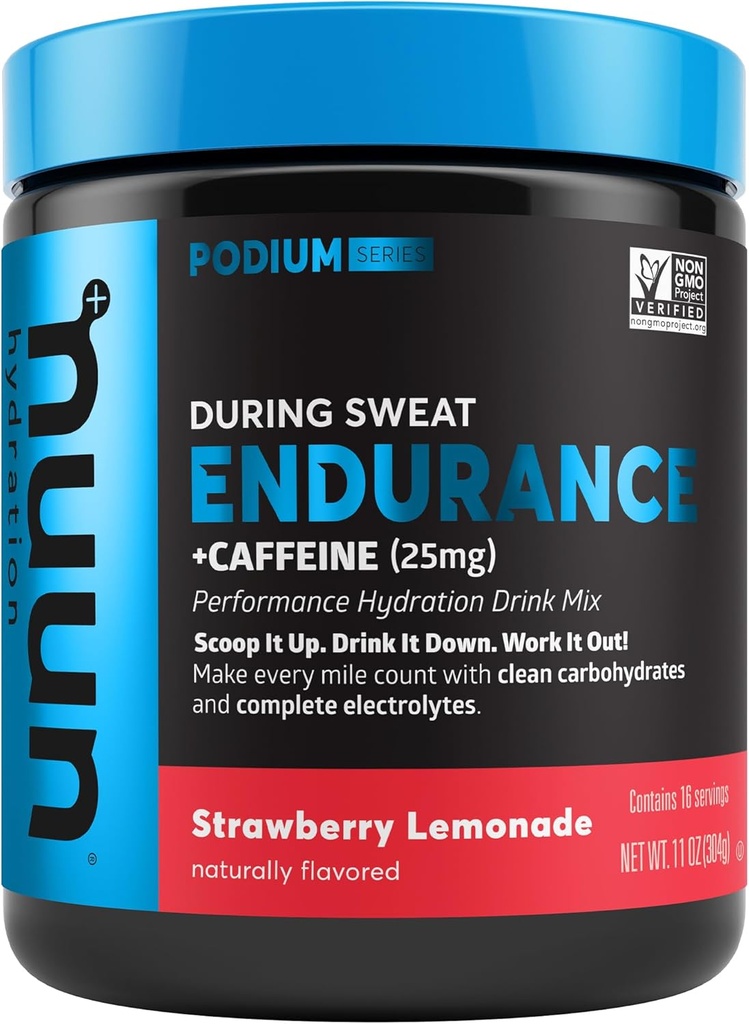 Nuun Hydration Endurance Powder, Jordbær Lemonade + Koffein, Workout Support, 5 Essential Electrolytes for Hydration + Kulhydrater, Vegan, Non- GMO, (16 Servere - Kanister)