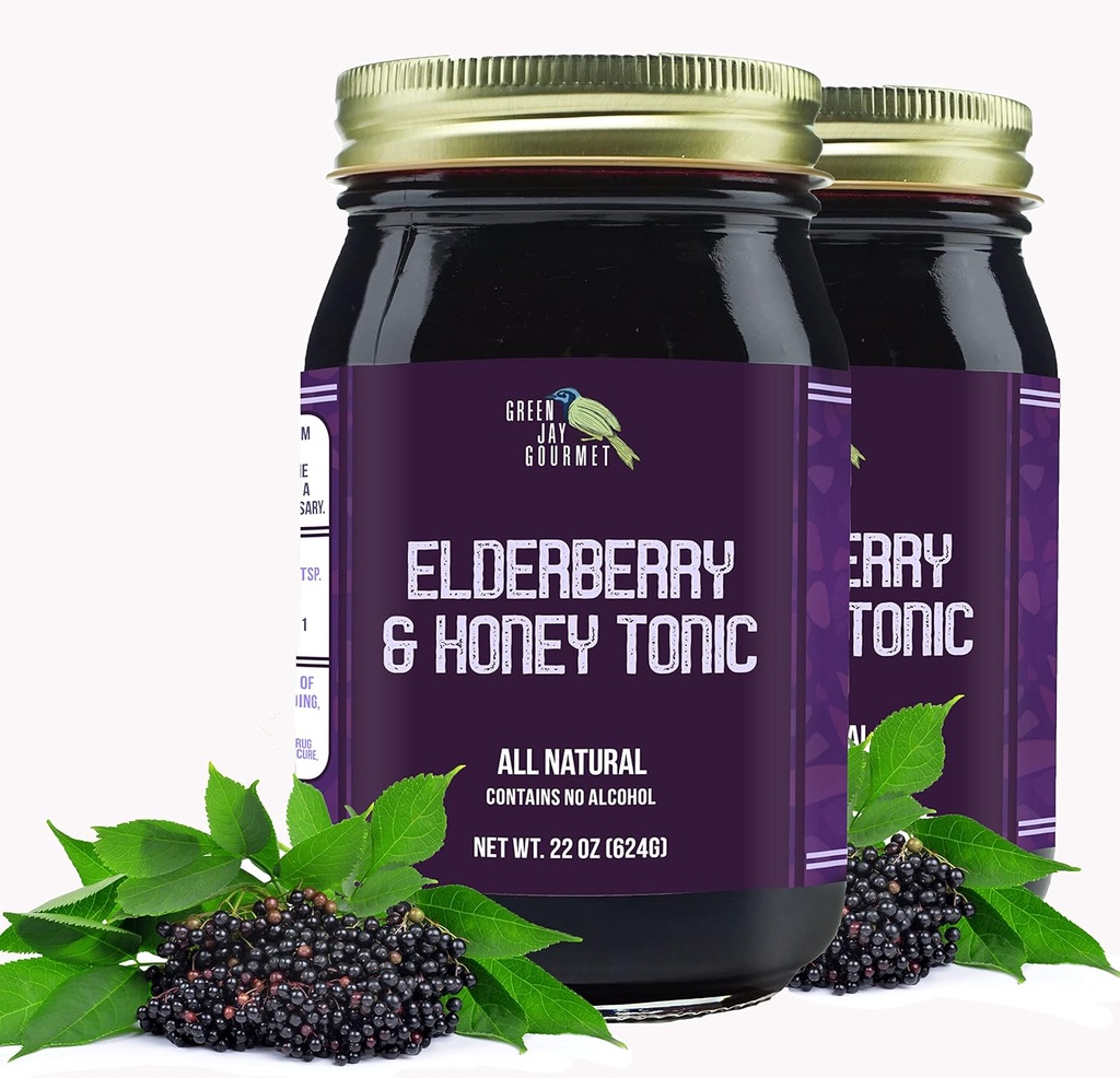 Green Jay Gourmet Elderberry Tonic - All Natural Elderberry Syrup - Elderberry Immunsupport til børn og voksne - Kraftfuld Elderberry & Honning Blend - Sambucus Elderberry Syrup - 2 x 22 Ounces