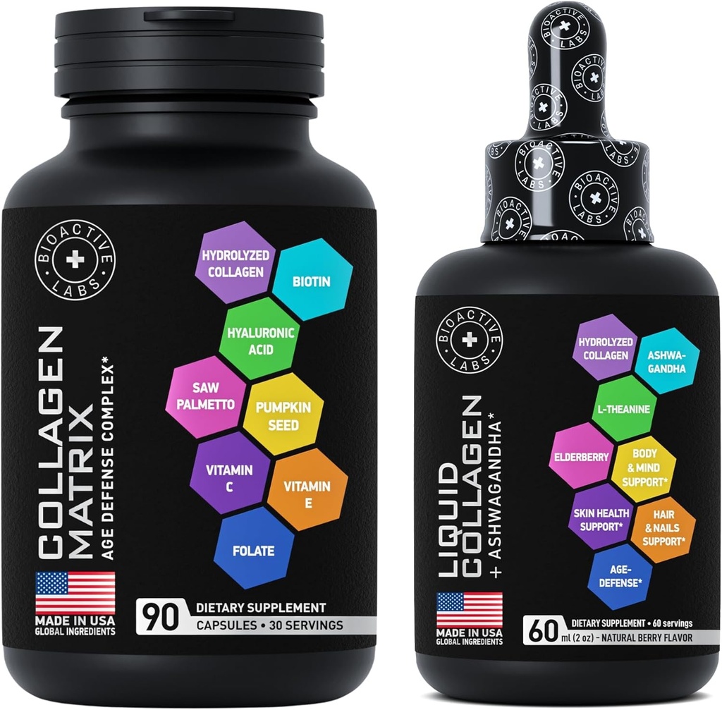 Age Defense Beauty Collagen Matrix og flydende Collagen Plus Ashwagandha Beauty Bundle for hårvækst, hud glød, negle