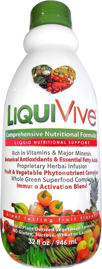 LiquiVive Liquid Vitamins Mega Nutrition | Vegetarian Daily Multivitamin Balance Immune Support Booster Superfood of Nature | Vitamin C D3 A B12 E K | 99.9% Vegan Non-GMO Gluten Free 32 fl oz