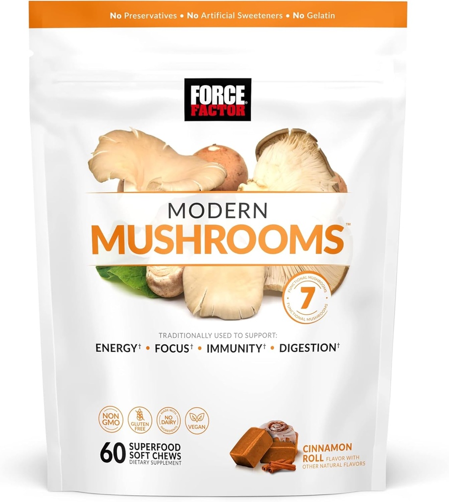Kraftfaktor Moderne champignoner bløde tygger, champignon tillæg med Lions Mane, Tyrkiet Hale, & Cordyceps til at støtte energi, fokus, Immunitet, & fordøjelse, kanel roll, 60 bløde tykkere