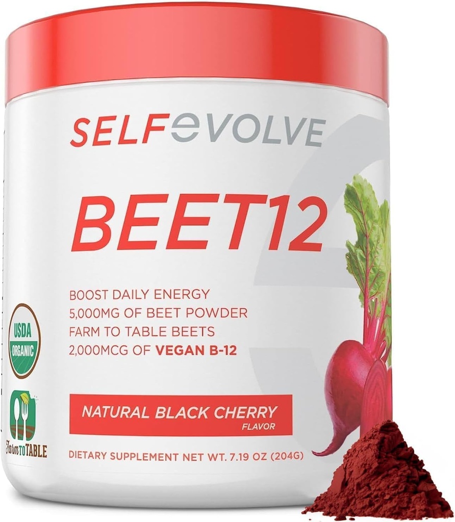 Beet Root Powder Organic 5000mg med vitamin B12 (Methylcobalamin) og spor mineraler i Natural Black Cherry Flavor, 0g tilsat sukker - Vegansk Kosttilskud (30 Servere)