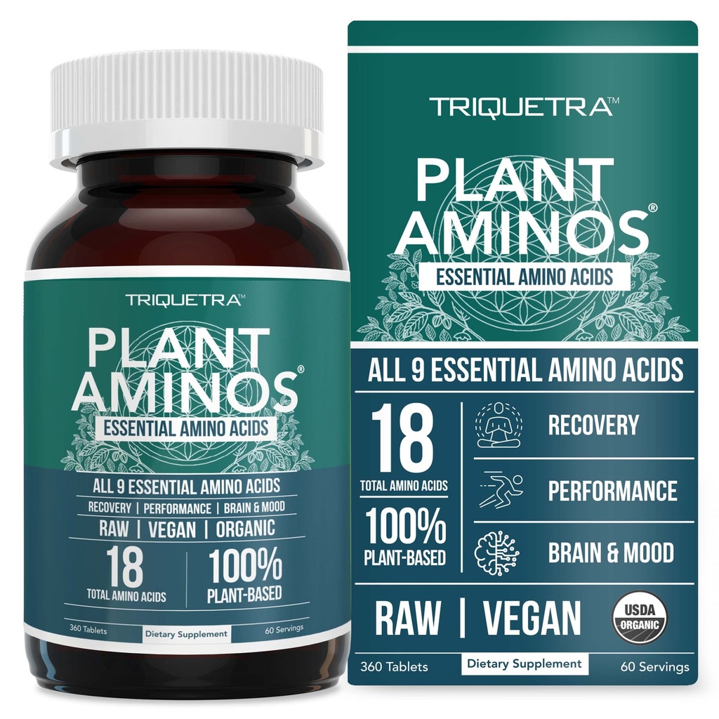Plante Aminos Organic Essential Aminosyre Supplement (EAA) & BCAA - 100% Plantbaserede Rå, Vegan - Alle 9 Essentielle Aminosyrer med 18 Total Aminosyrer (360 tabletter)