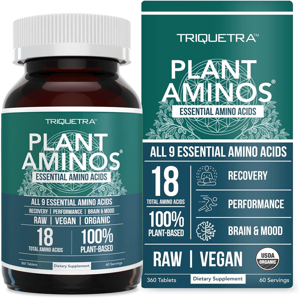 Plante Aminos Organic Essential Aminosyrer (EAA) & BCAA - 100% Plantbaserede Rå, Vegan - Alle 9 Aminosyrer med 18 Total Aminosyrer (360 tabletter)