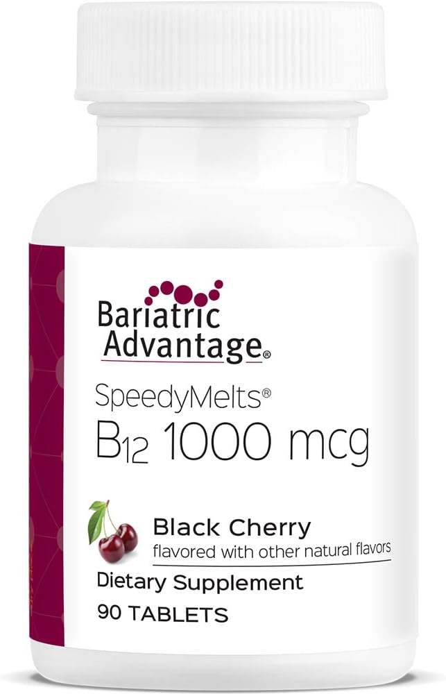 Bariatric Advantage B- 12 Speedy smelter, Vitamin B12 1000 mcg tillæg, Hurtig smeltning med 200 mcg folinsyre til ernæringsmæssig støtte - Sort kirsebær, 90 Greve