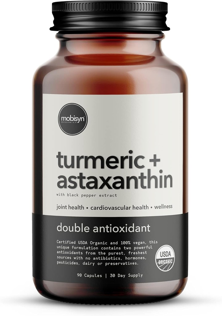 Økologisk Astaxanthin 12mg Plus gurkemeje 1500mg, sort peber ekstrakt, høj absorption, øje, hjerte, hud, fælles, Vegan, Glutenfri, Non- GMO, dobbelt antioxidant, gurkemeje curcumin supplement, 30-dage