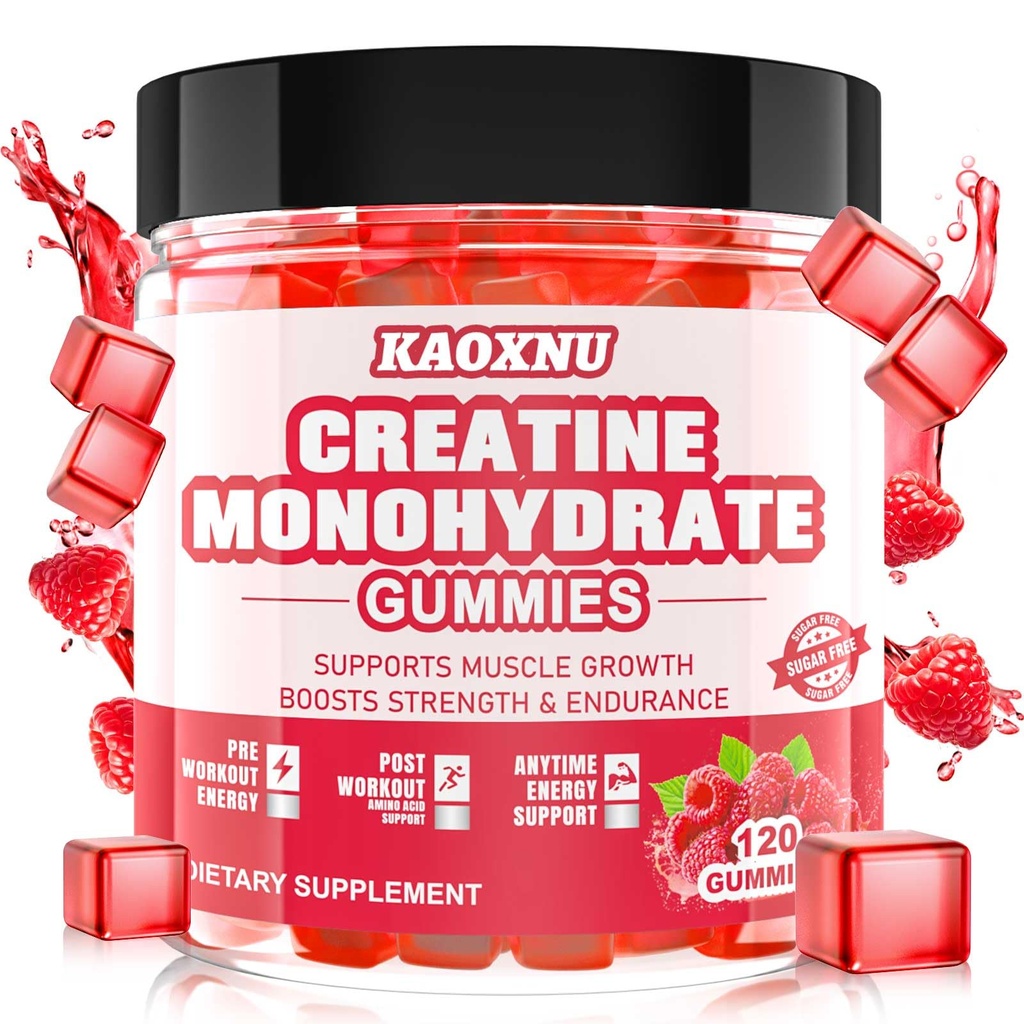 Creatin monohydrat Gummies for mænd og kvinder 120 CT - 5000mg af Creatin monohydrat per servering - Sukker fri tyggetakrel for muskel styrke, muskel builder, energi boost (Raspberry Flavor)
