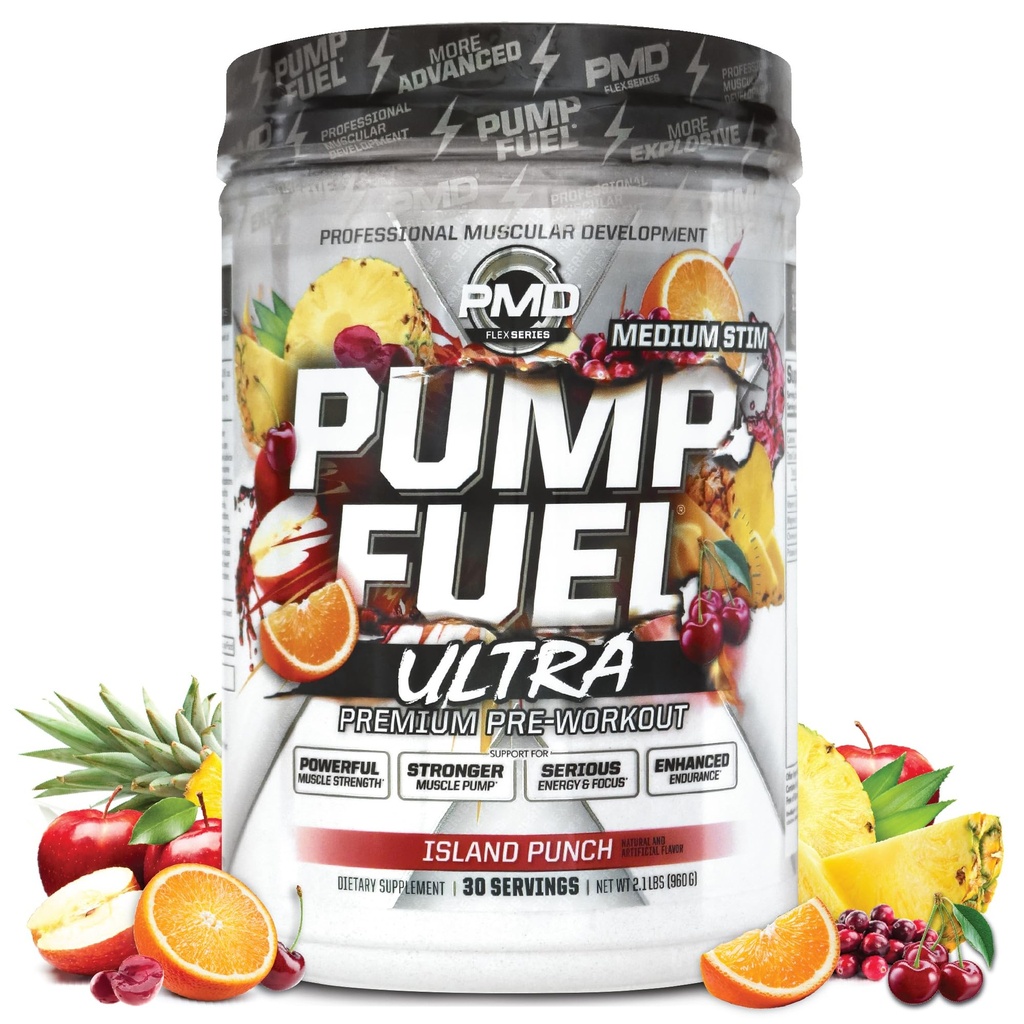 PMD Sports Pump Fuel Ultra Medium Stim - Premium Pre Workout Powder & Muscle Pump, Greater Focus, Endurance & Recovery, Premium Creatin, Arginin & Beta Alanine - Island Punch (30 Servere)
