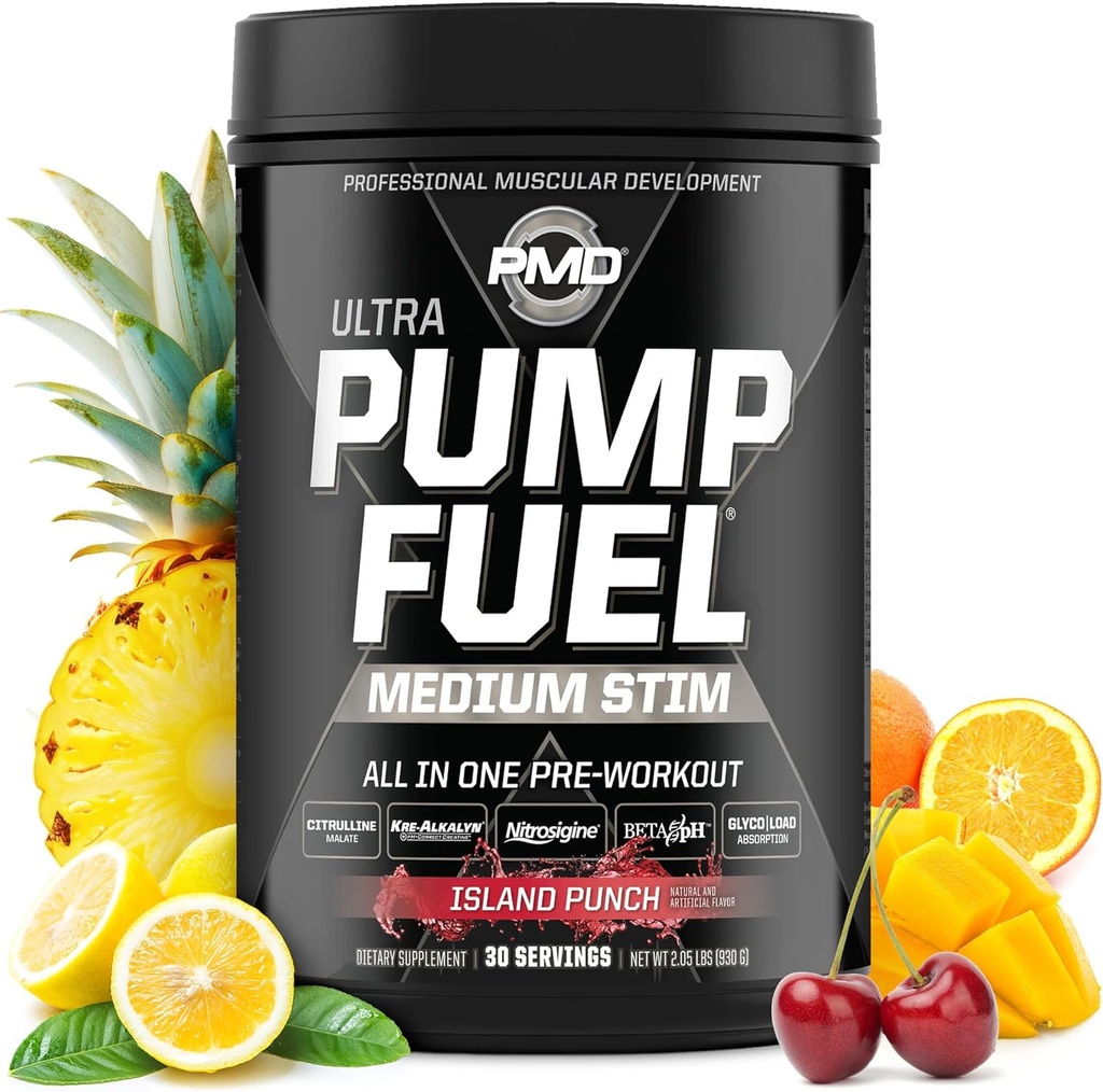 PMD Sports Pump Fuel Ultra Medium Stim - Premium Pre Workout Powder & Muscle Pump, Greater Focus, Endurance & Recovery, Premium Creatin, Arginin & Beta Alanine - Island Punch (30 Servere)