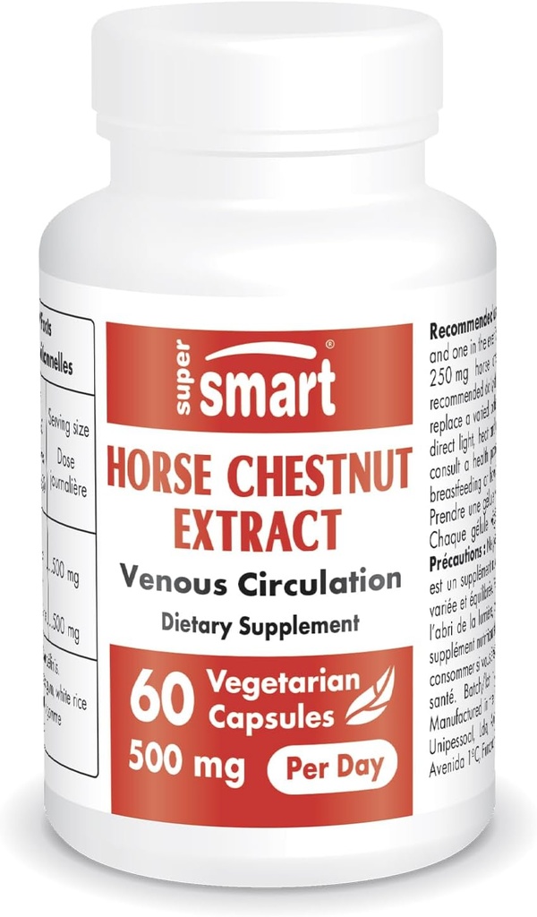 Supersmart - Horse Chestnut Extract 500mg per dag (High Strength) - 20% Aescin Support 124; Non- GMO & Gluten Free - 60 vegetariske kapsler