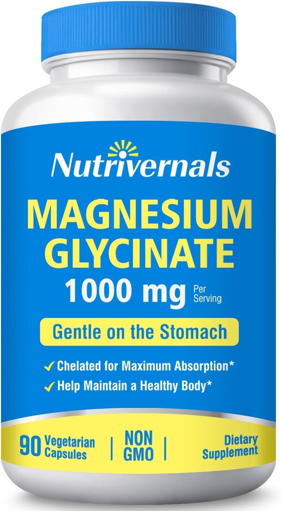 Magnesium Glycinate Nutrition Dietary Supplement 1000mg 100% Chelated for Maximum Absorption Non-GMO Gluten Free 90 Veggie Capsules