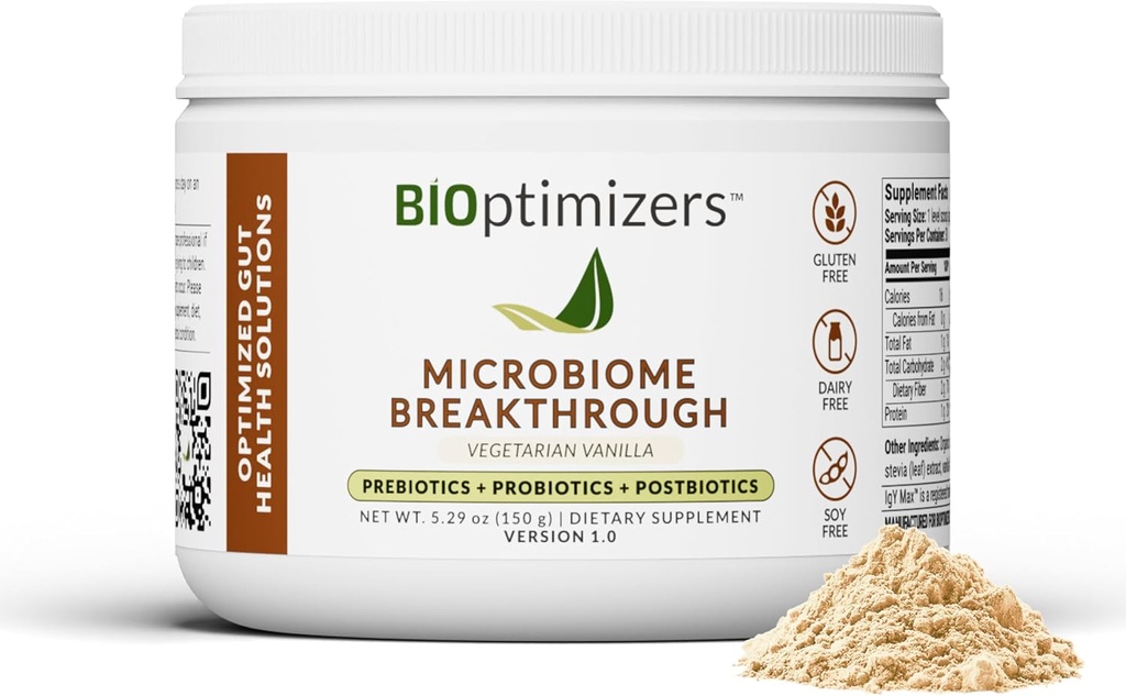 Mikrobiome Breakthrough ™ Gut Support Powder - Vegetarisk Vanilla - Med Probiotika, Prebiotika, og IgY Max ® - kilde til L- Glutamin - understøtter fordøjelseskomfort, Gas & Bloating Relief 30 Serveringer *