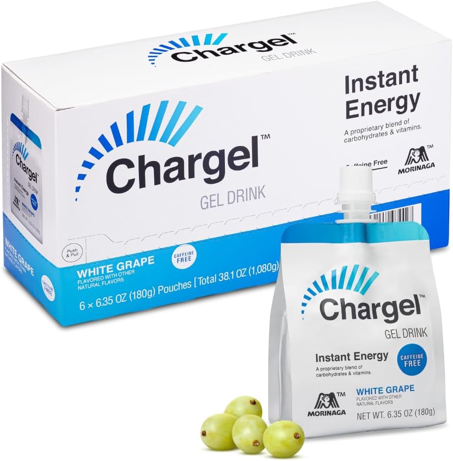 Chargel White Grape, Caffe- Free Instant Energy Gel Running, Cykling, Workout, Vandreture Essentials for Kvinder & Mænd, Gaver til løbere - Carbs Vitamin, Gluten Free - Pakke af 6 Gels - 6.35oz Hver