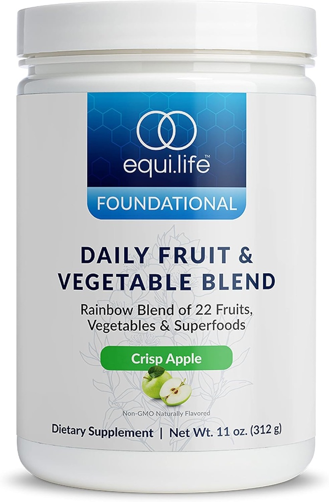 Equilife Daglig Frugt & Vegetabilsk Blend, Superfood Antioxidant Supplement, Crisp Apple Flavor med C-vitamin, Fiber, og 9 essentielle Aminosyrer, understøtter energi, Lavsukker, Vegan, 30 Servering Tub