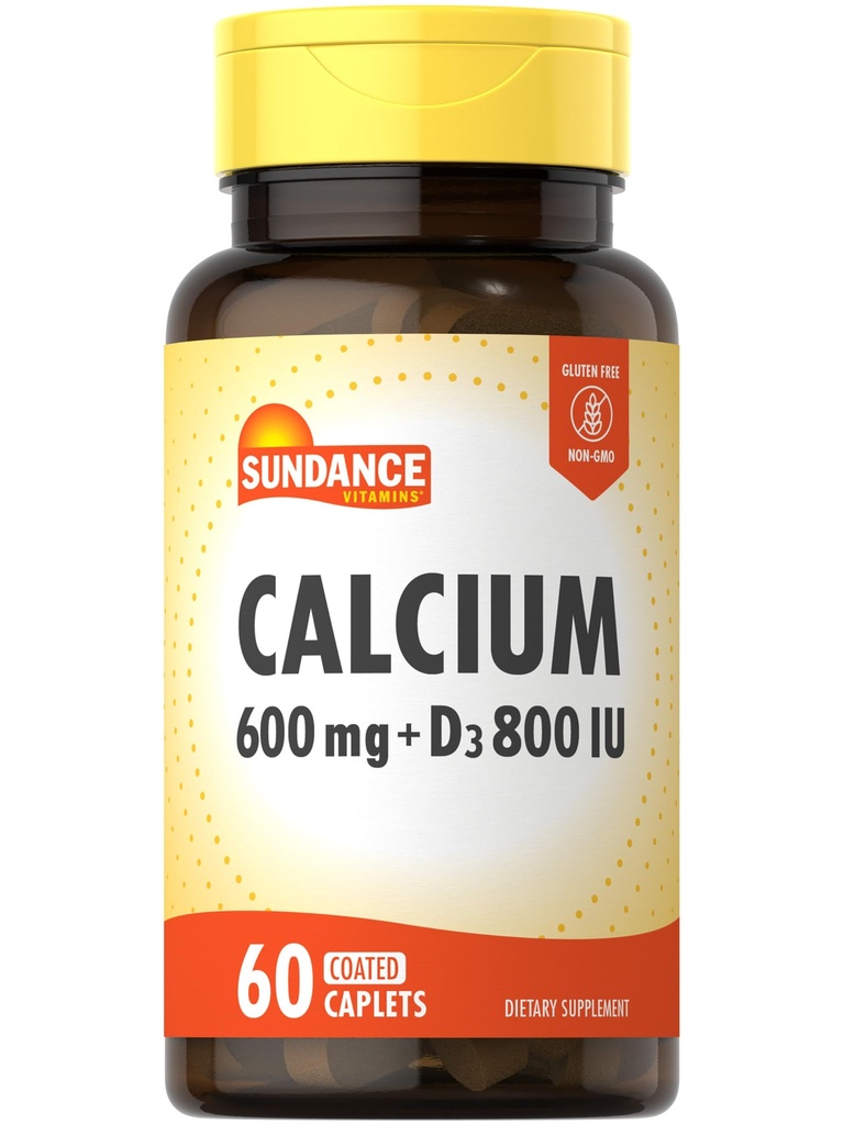 Sundance Calcium 600 mg med D3 + 124; 60 kapsler med 124; vegetarisk, ikke-GMO, og Gluten Free Supplement
