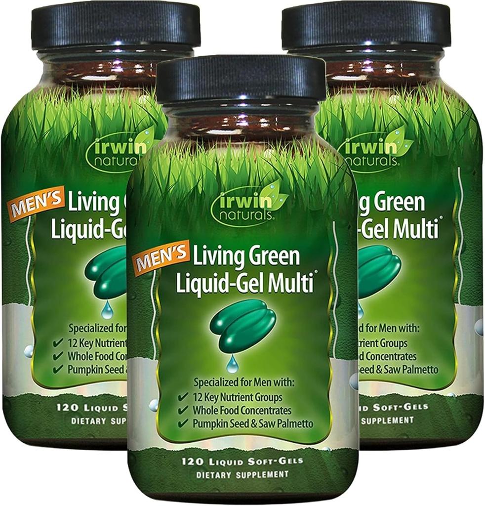 Irwin Naturals Mænds Living Green Liquid- Gel Multi - 70 Essential Nutrients, Full- Spectrum Vitaminer, Wholefood Blend - Målrettet Adrenal & Brain Support - 120 Flydende Softgels (Pack of 3)