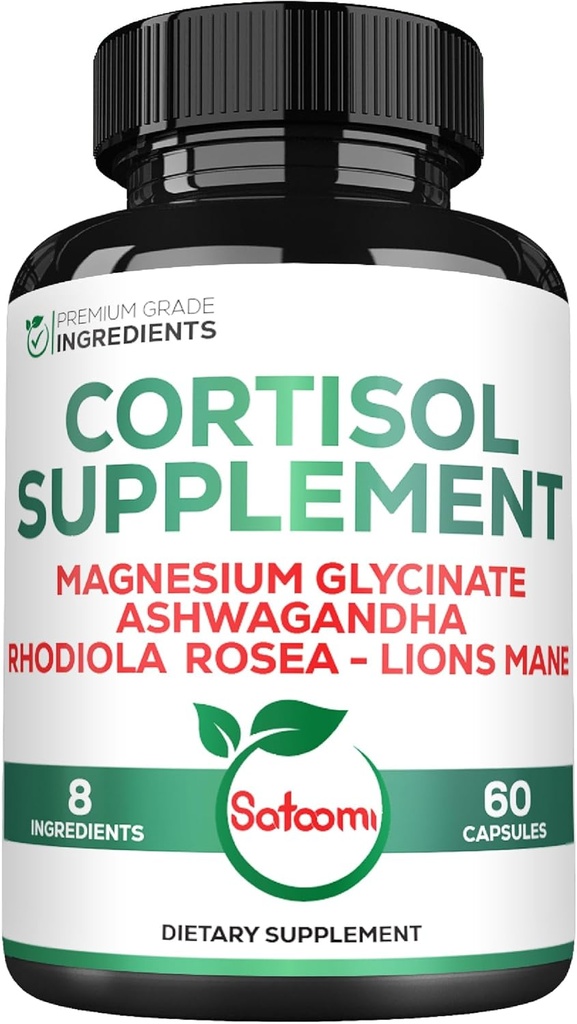 Satomi 8in1 Cortisol Manager med Magnesium Glycinate, Ashwagandha, Rhodiola Rosea, Lions Mane & mere - Cortisol Reducer supplement Mænd og kvinder - 60 kapsler