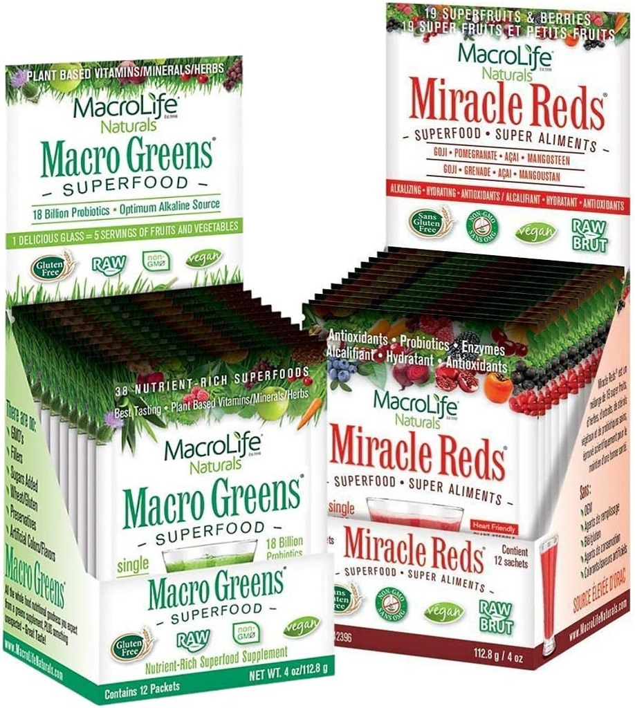 MacroLife Naturals Macro Greens & Miracle Reds Immunity Bundle - Superfood Antioxidant - Herbal, Fruits & Berries Probiotic Immunity Non-GMO, Vegan, Gluten-Free, Dairy-Free - 24 Packet Servings