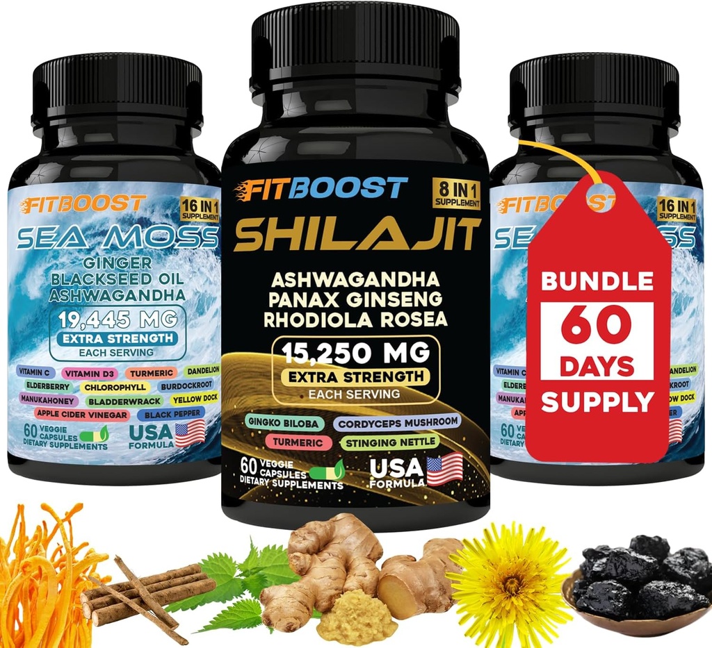 60Day Supply Sea Moss og Shilajit Bundle for mænd All- in-1 Dynamic Vitality Bunded Seamoss Black Seed Oil Ashwagandha Burdock Root Delicately forberedt til dig at Regtain & Regain Styrke