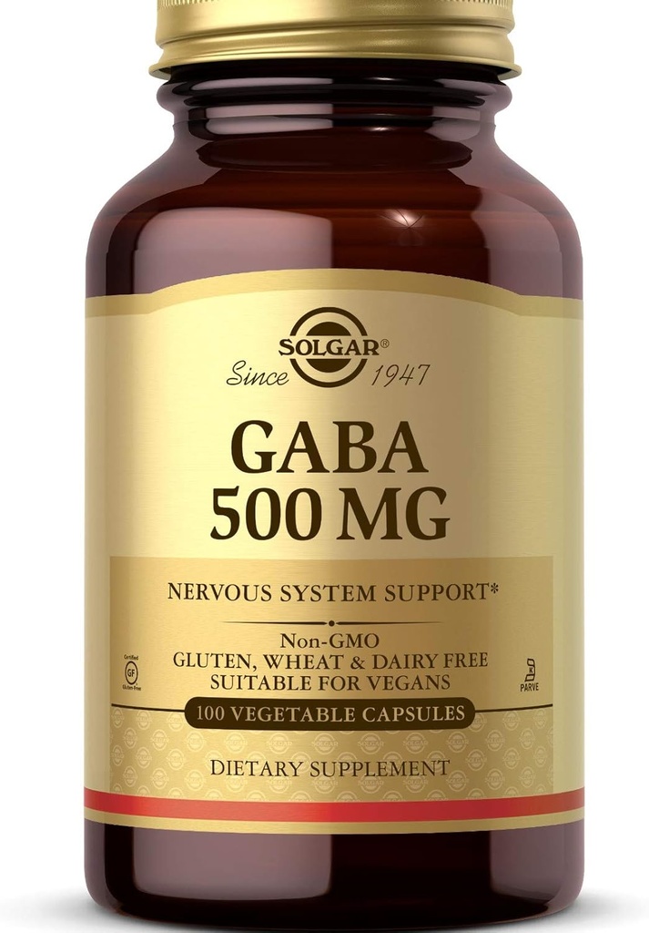 Solgar GABA 500 mg, 100 Vegetabilske kapsler - Afslapning & Nervesystemet Support - Aminosyre - Non- GMO, Vegan, Gluten Free, Dairy Free, Kosher - 100 Servere