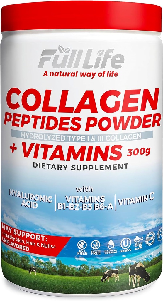 Full Life Collagen Peptider Powder - Bovin Collagen tillæg med Hyaluronsyre - Hydrolyseret Collagen pulver til kvinder og mænd - Kosher, Gluten- Free - 300g